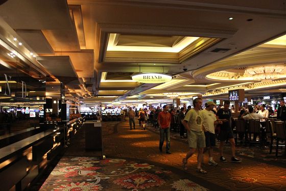 The gaming floor of a large Las Vegas casino seen from above